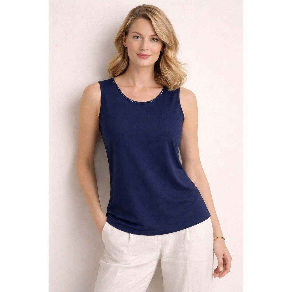 Women Navy Sleeveless Top Beaded Neckline Stretch Casual Blouse XL